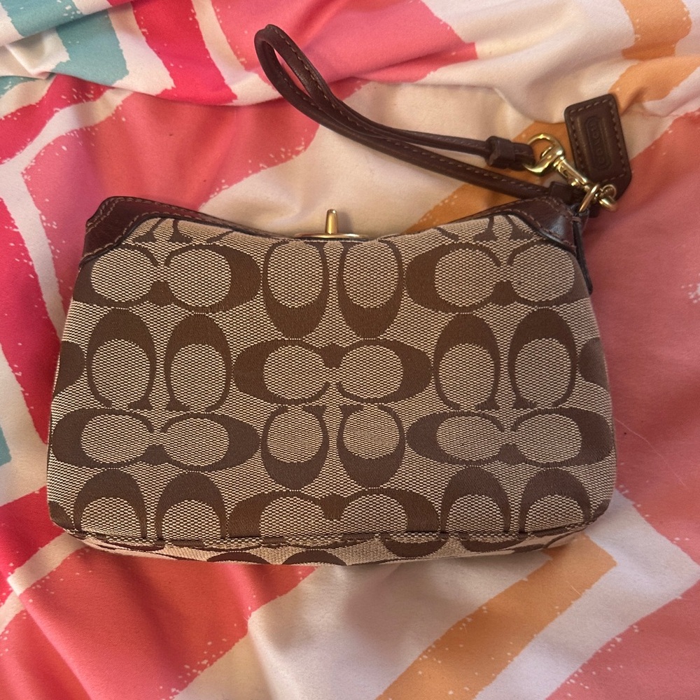 Coach Tan and Brown Signature Canvas Wristlet